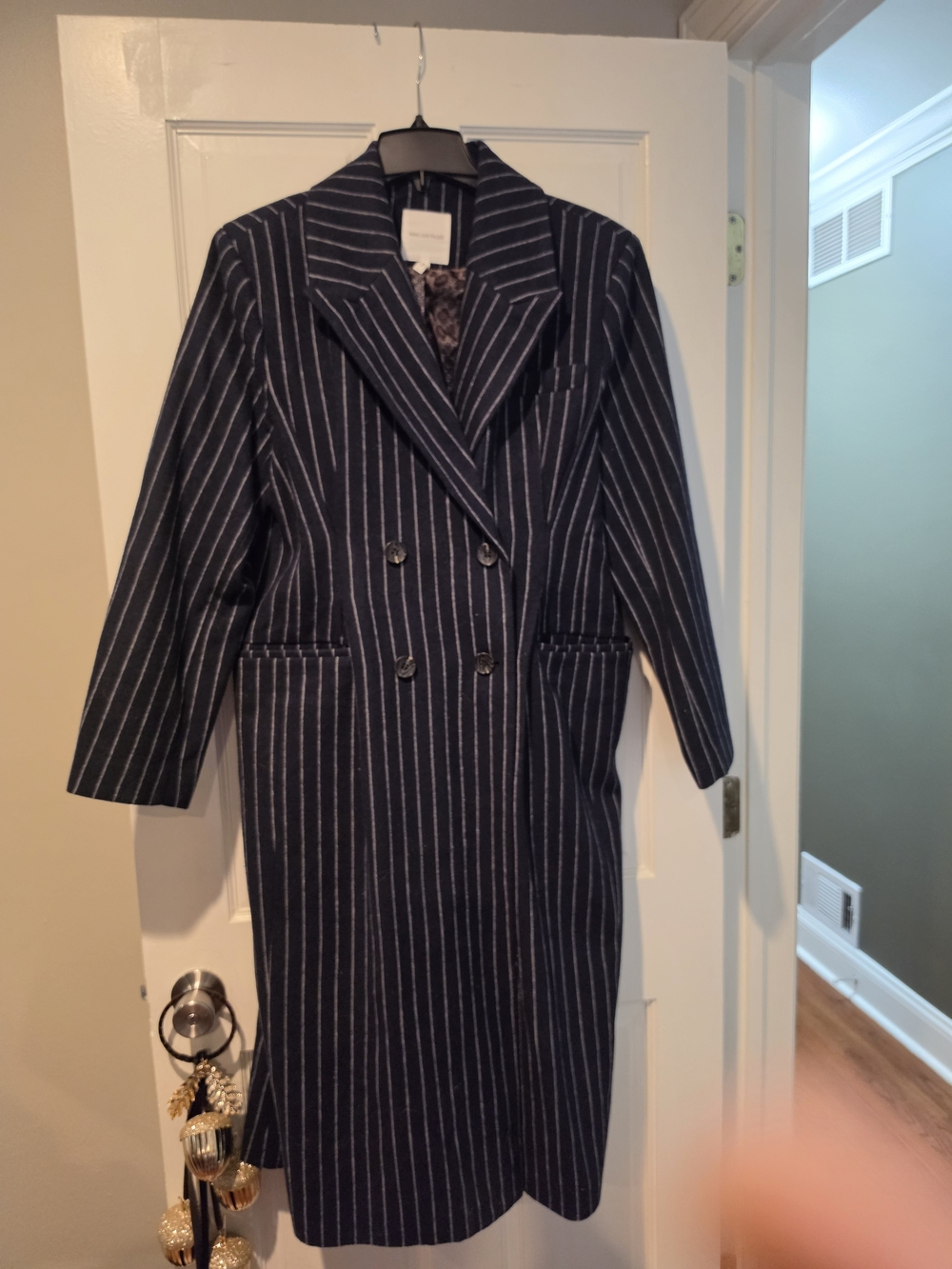 Avec Les Filles Navy Pinstripe Double-Breasted Trench Coat